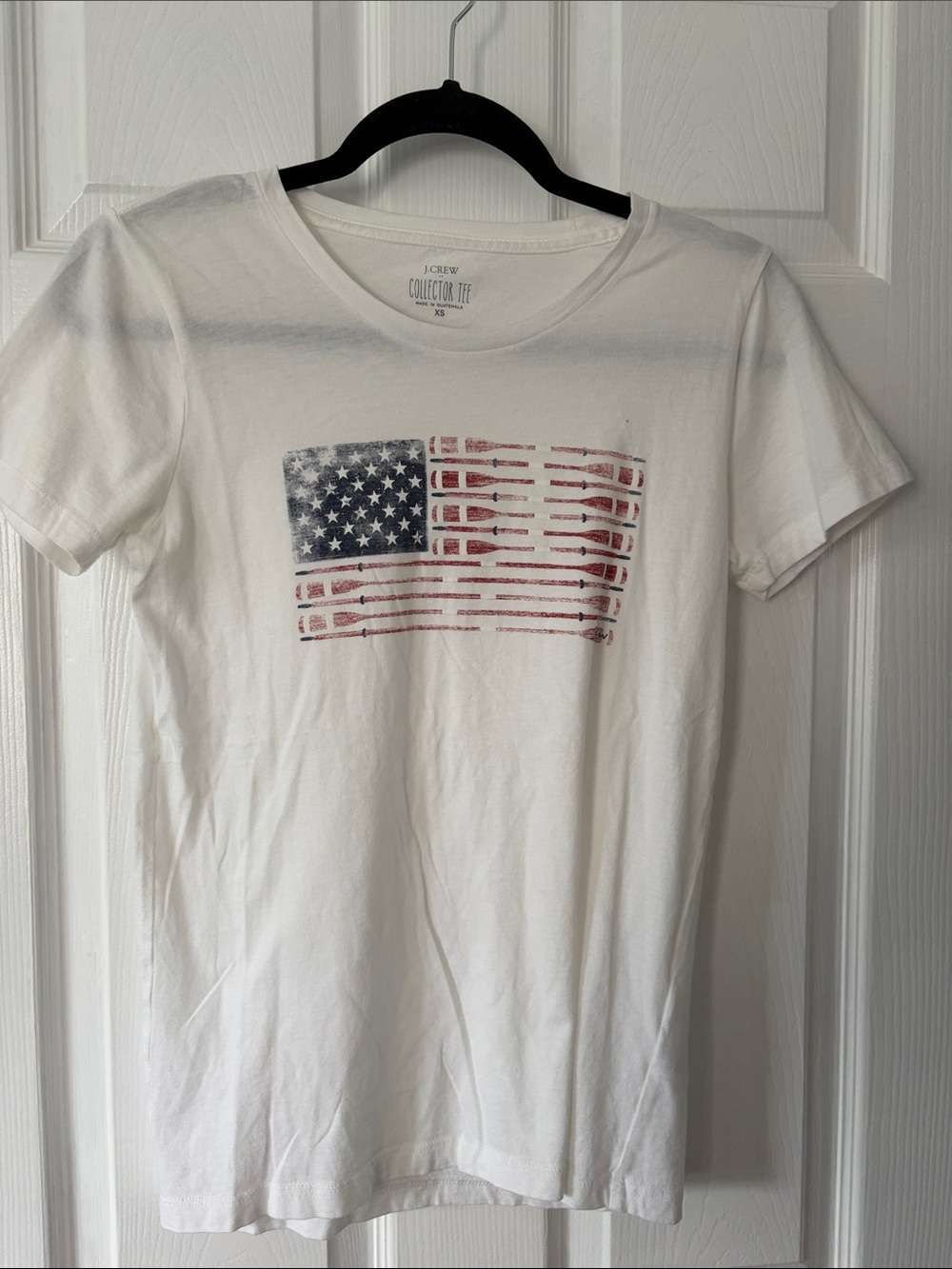 J. Crew White Tee with Distressed Red & Blue Flag Graphic